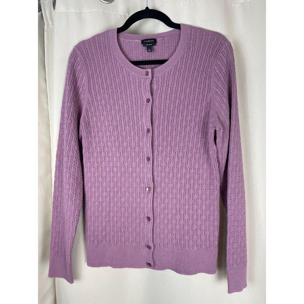 Talbots Lilac Pima Cotton Cable Knit Cardigan Size L – Classic Preppy Layer